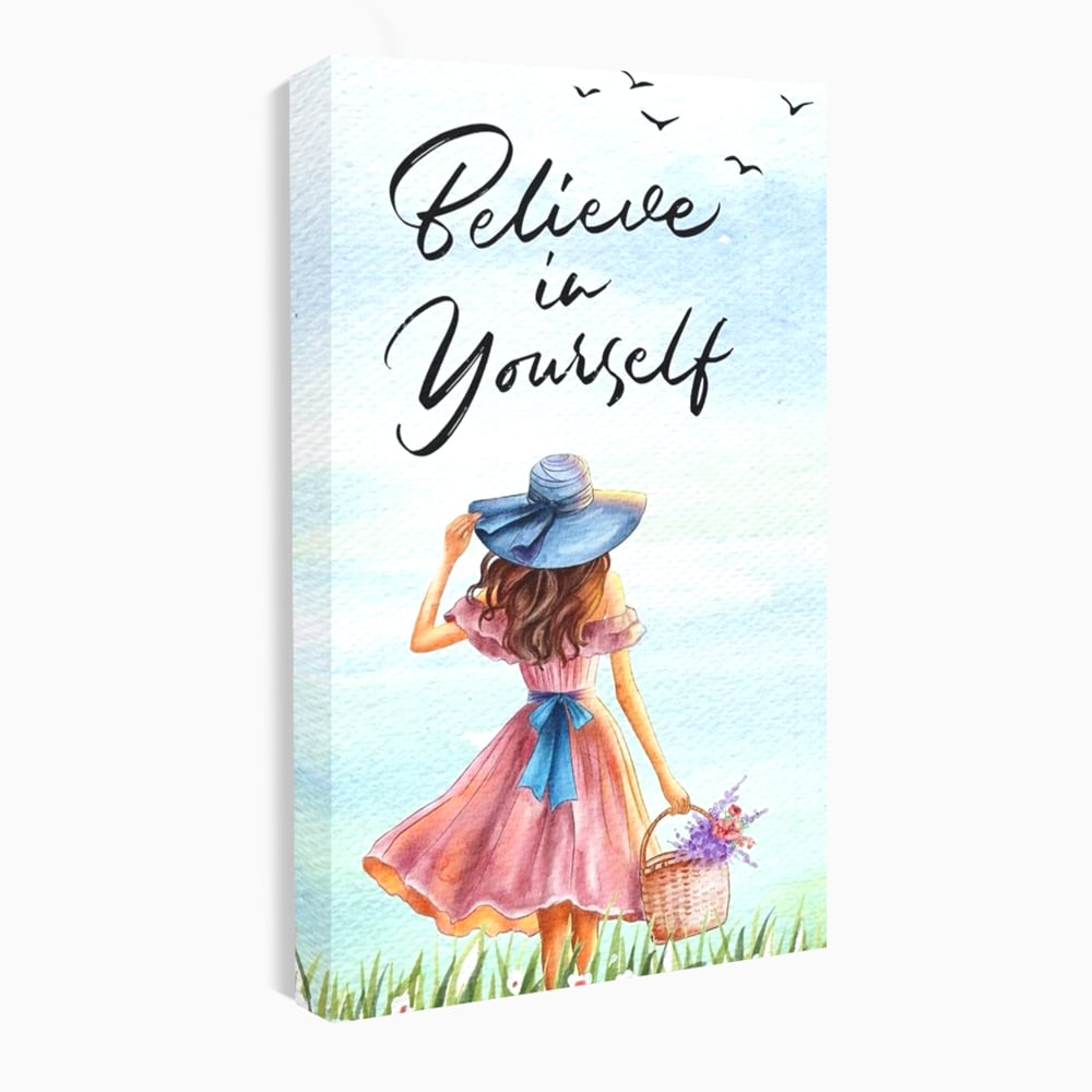 Tablou canvas cu ilustratie cu femeie si mesaj motivational, fara rama, pe sasiu de lemn
